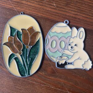 Vtg Metal Stained Glass Suncatcher Bunny Rabbit Easter Tulip Ornament Decor Lot